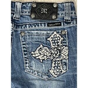 Miss Me Jeans Y2K Boot Cut Distress Ripped Rhinestone Cross Rose 29 Western Glam